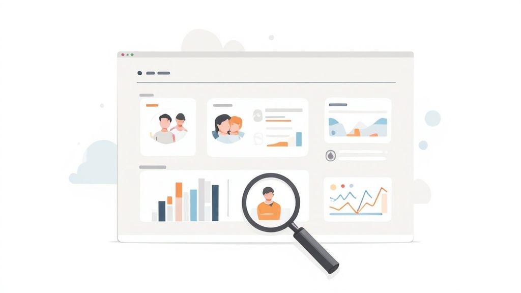 A group of business professionals in a meeting, pointing at a chart showing churn rate data on a large screen.