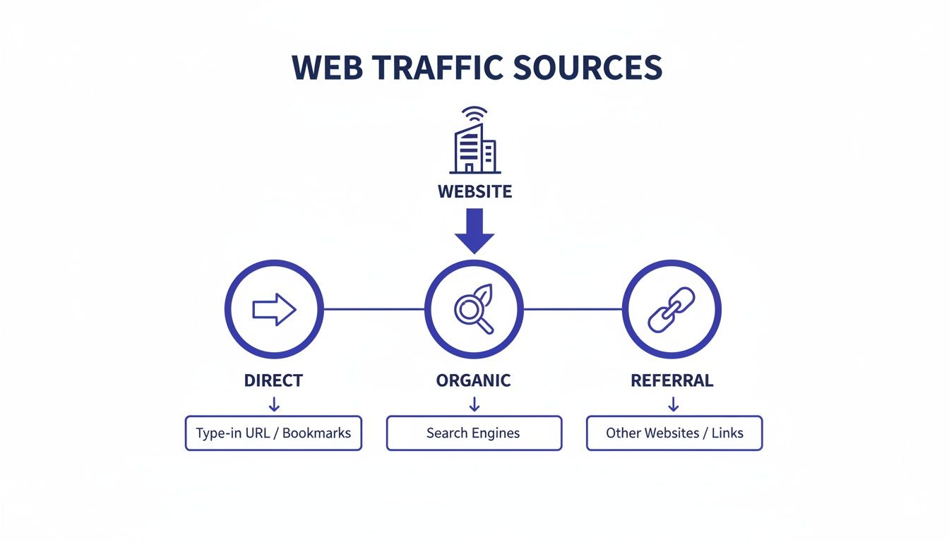 Diagram illustrating the three main web traffic sources: direct, organic, and referral, with examples.