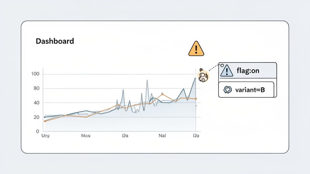 Dashboard showing a line graph with a data spike, highlighting 'flag:on' and 'variant=B' for feature flags.
