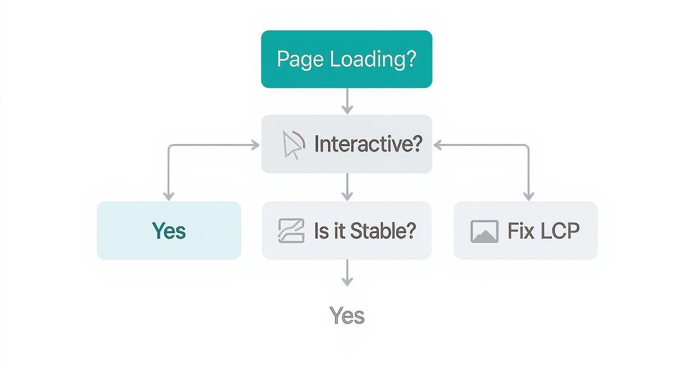 Flowchart illustrating steps to evaluate page loading, interactivity, and stability, including a Fix LCP step.