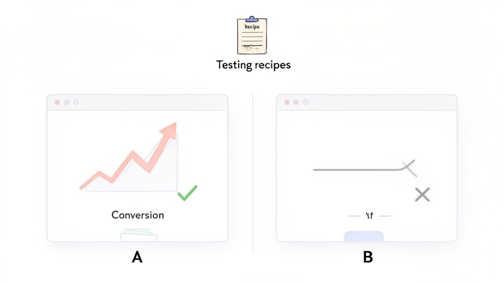 Illustration of A/B test outcomes: window A shows increased conversion, window B shows a failed result.
