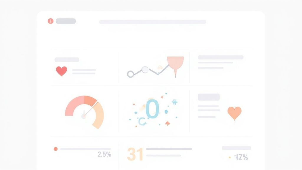 User interface dashboard with multiple data visualizations like hearts, a gauge, line graph, and funnel.