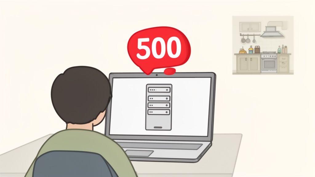 A person views a laptop displaying server architecture and a '500' error notification.