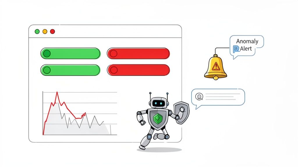 A robot monitors data on a dashboard, identifying anomalies with an alert bell and shield.
