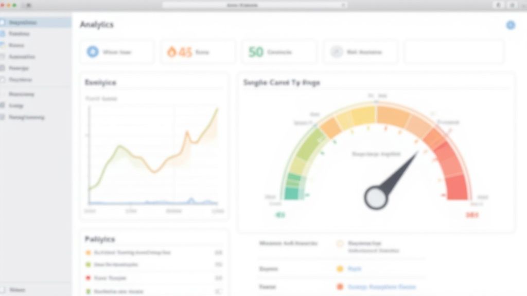 Analytics dashboard displaying page view metrics, engagement statistics, and website bounce rate gauge visualization