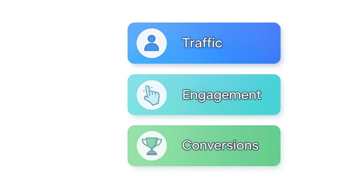 Three colorful buttons show website metrics: Traffic, Engagement, and Conversions, each with a relevant icon.