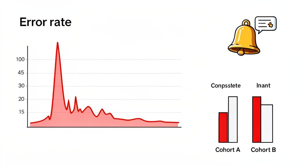 A line graph showing error rates, a notification bell icon, and a bar chart comparing two cohorts.