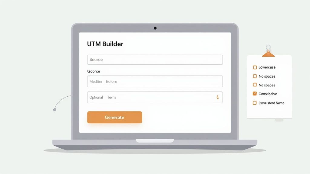 A laptop screen displaying a UTM Builder form with input fields and a checklist of URL parameter guidelines.