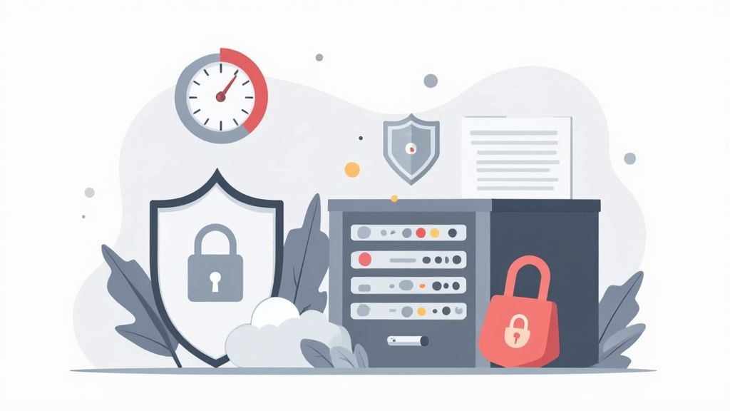 Illustration of servers, shields, and locks, symbolizing data security, GDPR compliance, and privacy protection.
