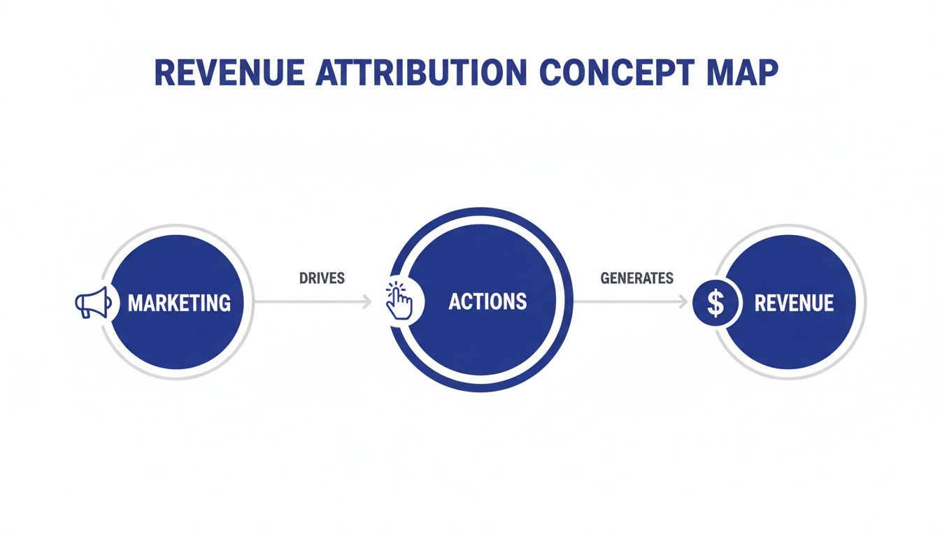 A revenue attribution concept map illustrating marketing driving actions which in turn generate revenue.