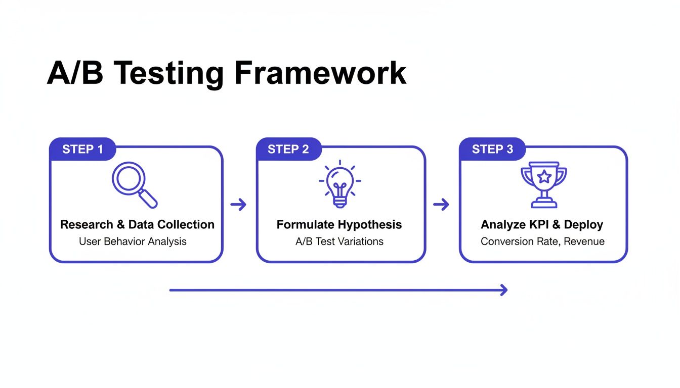 A/B testing framework illustrating steps for research, hypothesis formulation, and KPI analysis.