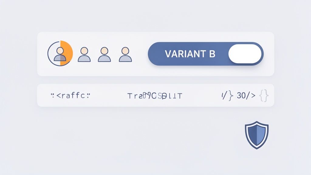 A user interface showing A/B testing controls with user icons, a 'VARIANT B' toggle, and traffic split settings.