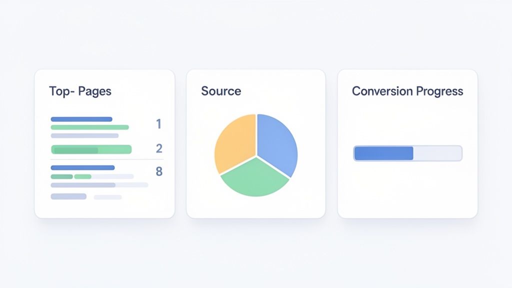 A digital dashboard displaying web page metrics including top pages, traffic sources, and conversion progress.