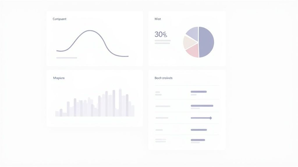 A minimalist digital dashboard displaying various data visualizations including a line graph, pie chart, and bar chart.