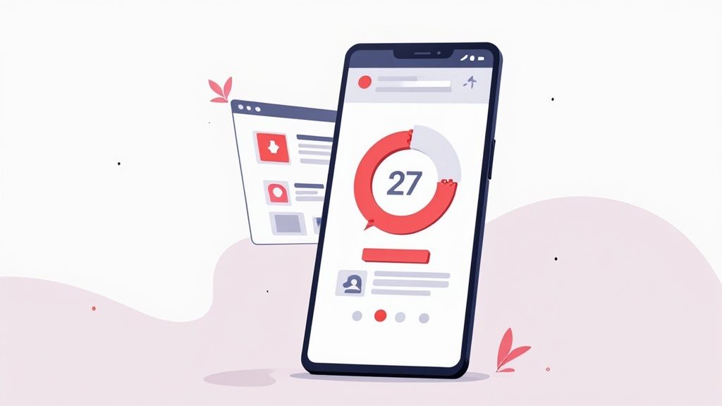 Woman browsing a website on her smartphone while sitting at a cafe table.