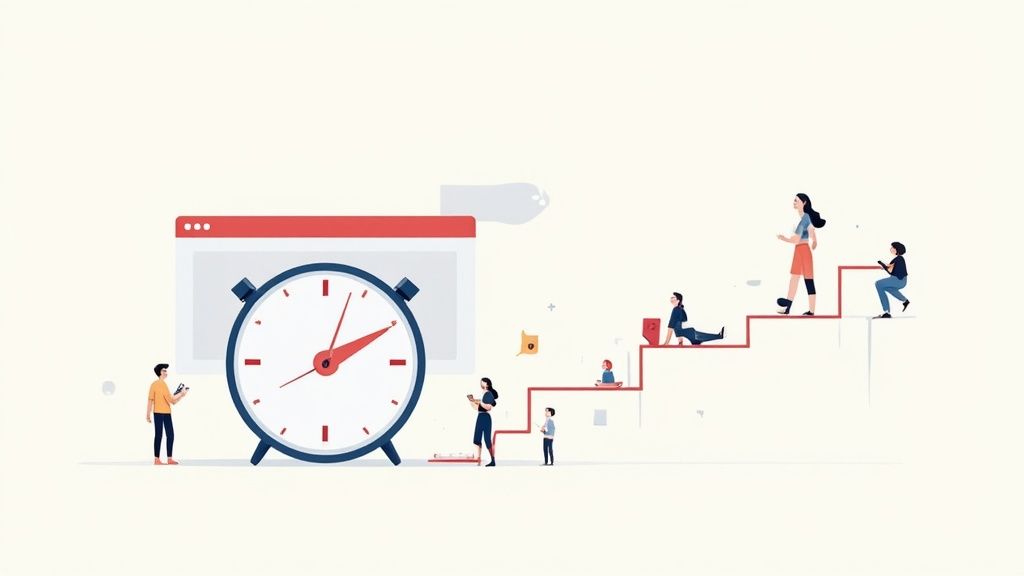 A loading bar on a laptop screen with a frustrated user in the background