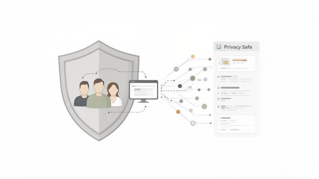 Illustration of data privacy, a shield protects users, connecting to a computer and a 'Privacy Safe' dashboard.