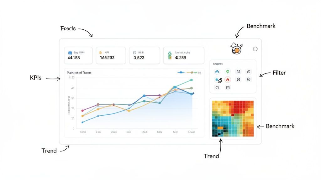 A comprehensive data analytics dashboard displaying key performance indicators, trend line graphs, filters, and a heatmap.