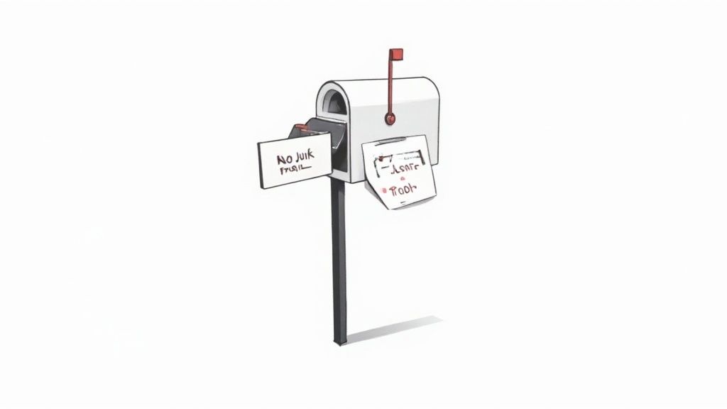 A cartoon drawing of a white mailbox with its red flag up and a 'NO JUNK MAIL' sign attached.