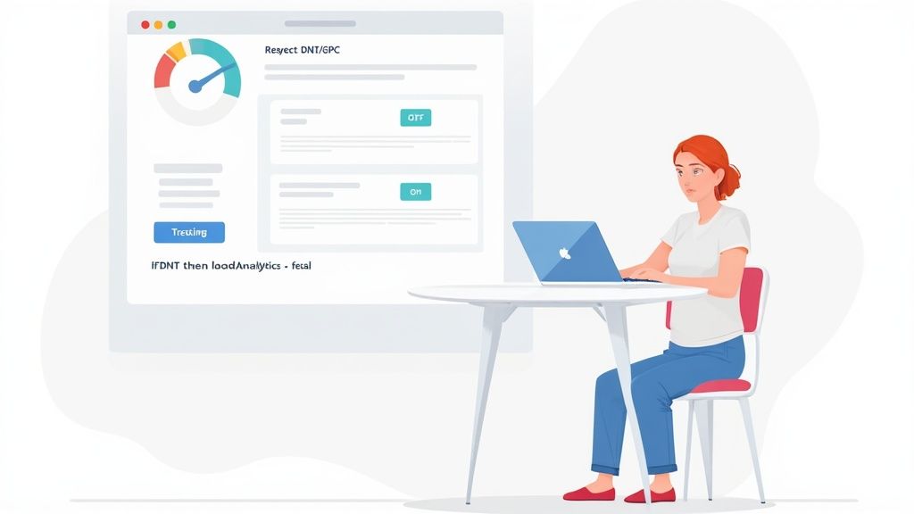 A woman uses a laptop while a screen behind displays 'Respect DNT/GPC' settings for tracking.