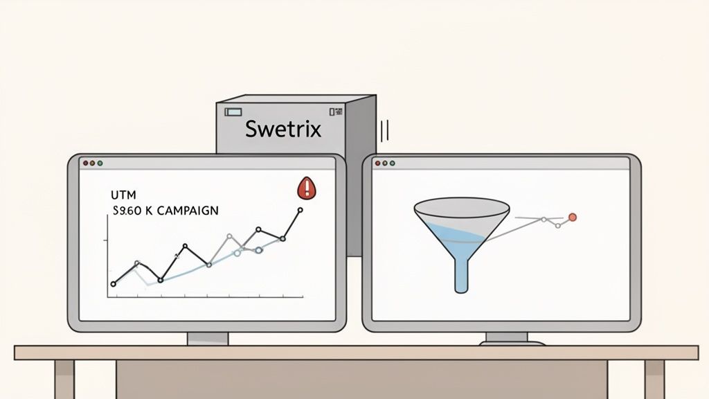 Computer screens display campaign tracking graphs, a data funnel, and a Swetrix server.