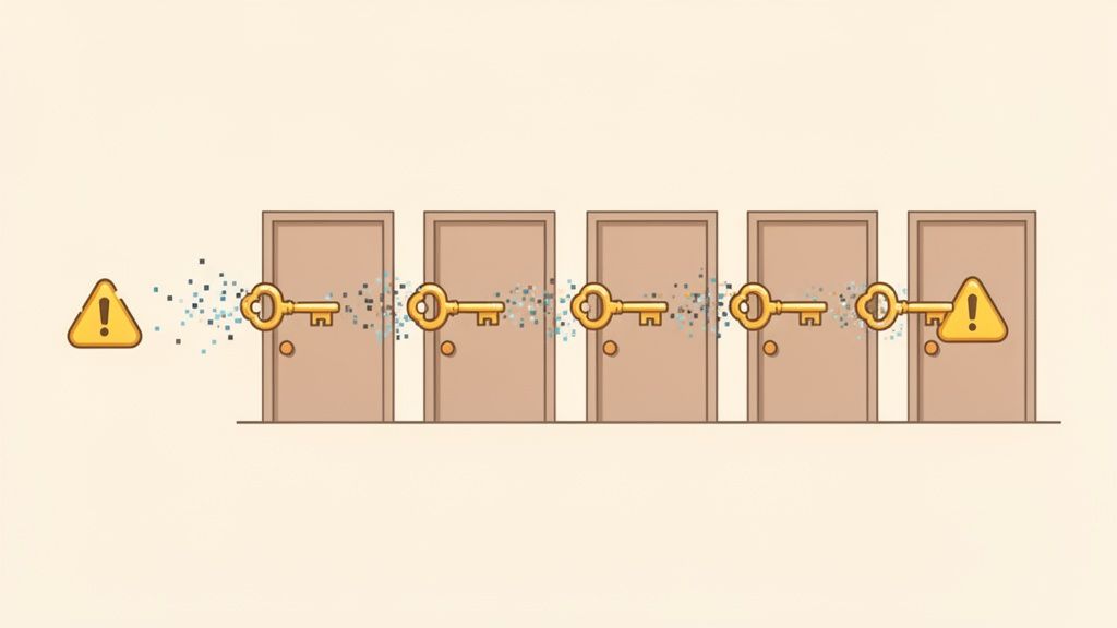 An illustration of five doors with golden keys and warning signs, depicting online security measures.