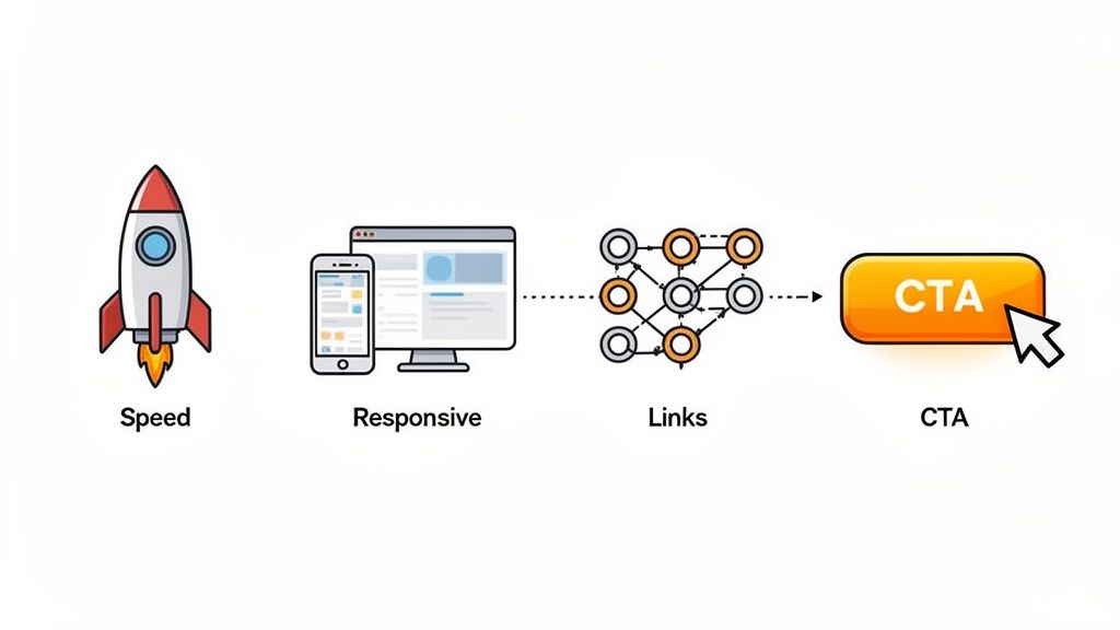 Diagram illustrating website optimization elements: speed, responsive design, internal links, and a call to action.