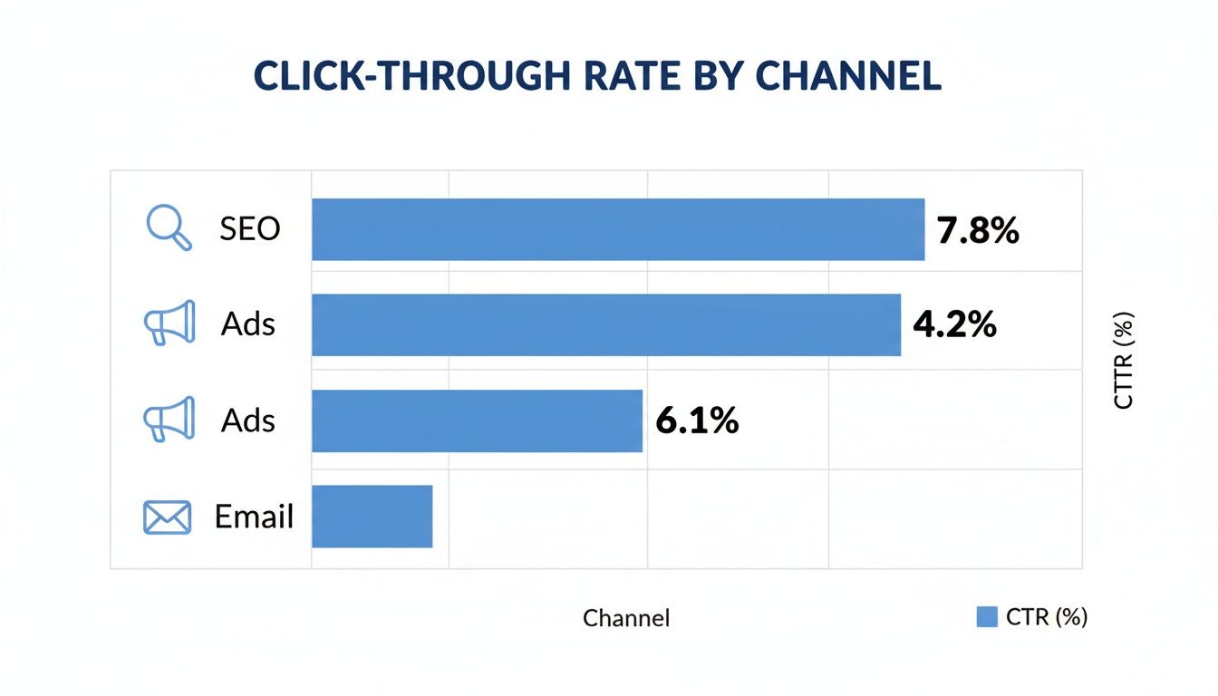 Horizontal bar chart showing click-through rates for SEO, Ads, and Email marketing channels.