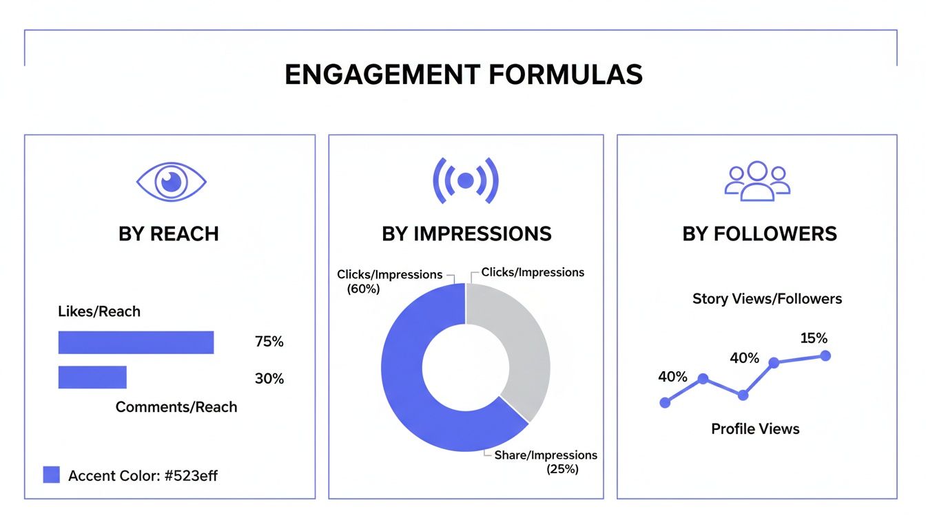 Infographic showing social media engagement formulas by reach, impressions, and followers with metrics.
