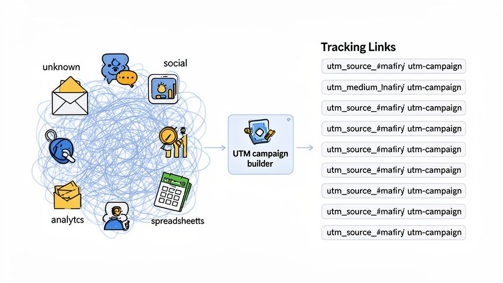 Diagram showing marketing data sources feeding into a UTM campaign builder to generate tracking links.