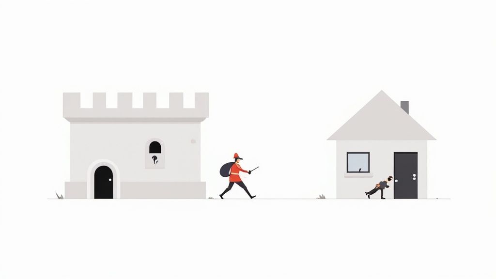 A split image showing a secure lock on one side and a person's eye on the other, representing the privacy vs security conflict