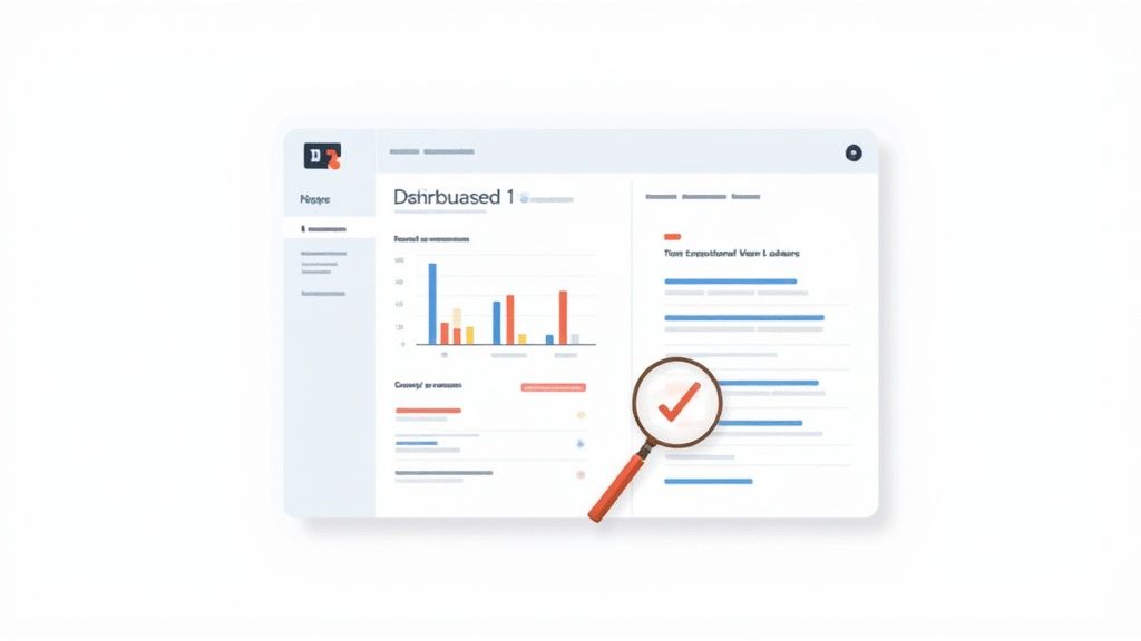 A digital dashboard displaying charts, graphs, and text, with a magnifying glass and checkmark indicating data analysis.