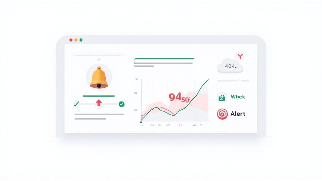 A clean dashboard interface showing a notification bell, data charts, '404' cloud icon, and 'Alert' status.
