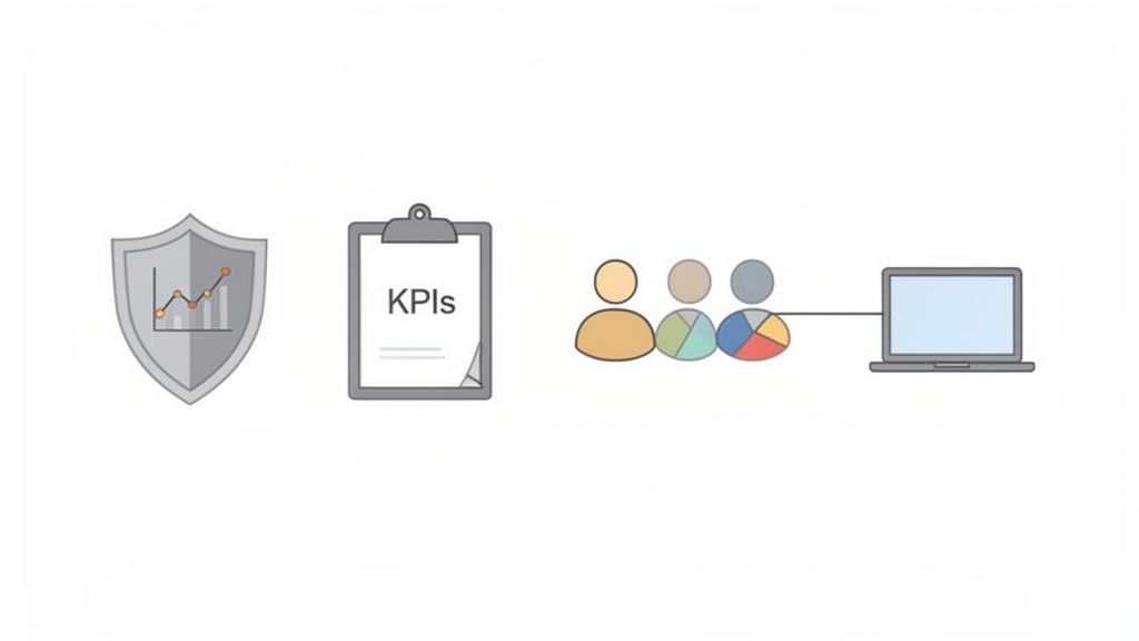 An illustration showing data security, KPI tracking on a clipboard, and team analysis on a laptop.