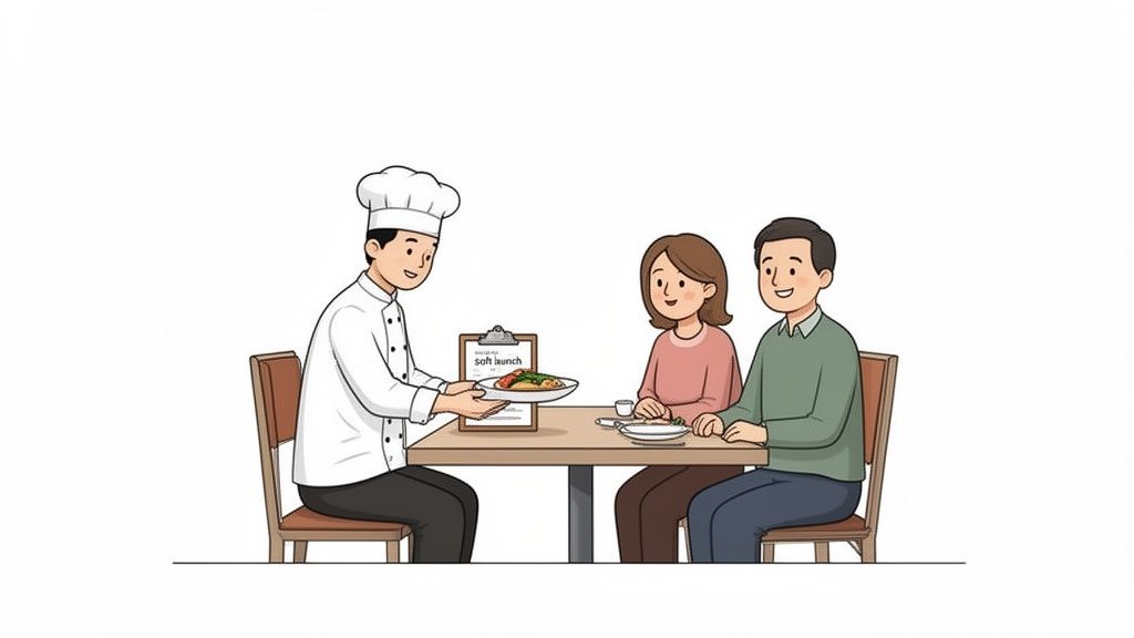 An illustration of a chef serving a meal to a smiling couple at a restaurant.