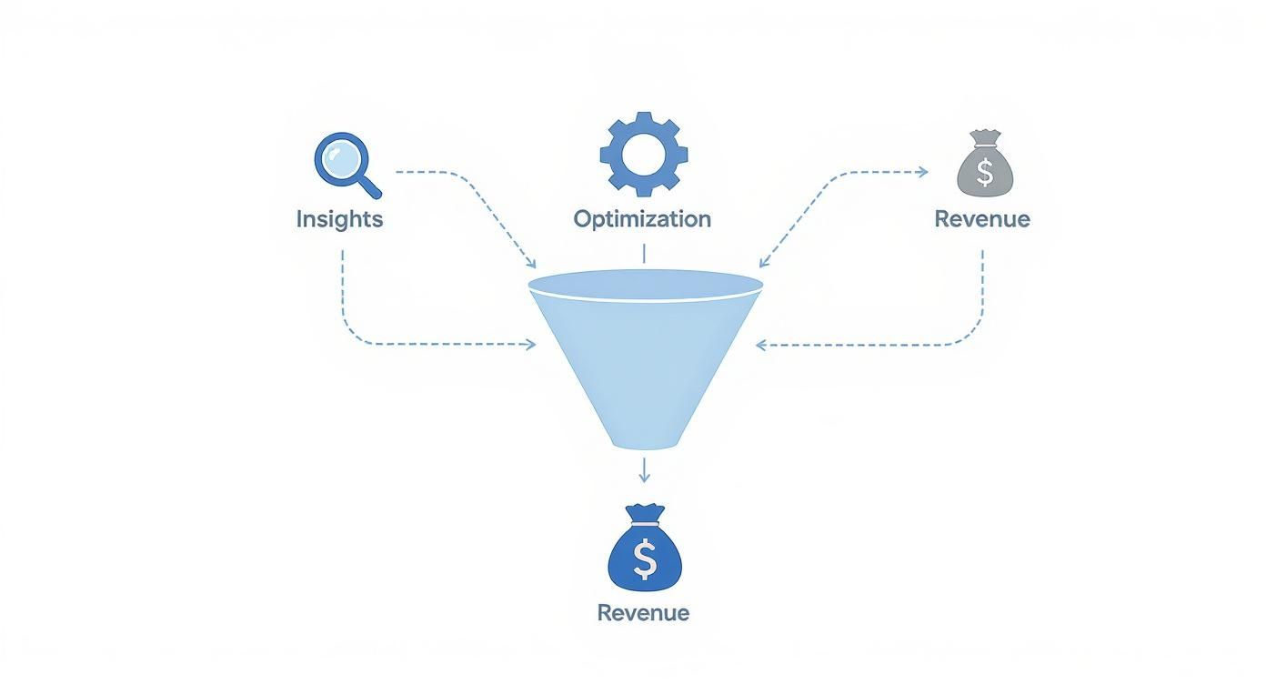 Funnel analysis diagram showing insights, optimization, and revenue flow through conversion funnel process