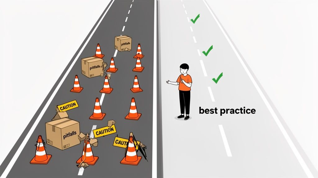Illustration contrasting two paths: one with pitfalls and caution signs, the other a clear 'best practice' with checkmarks.