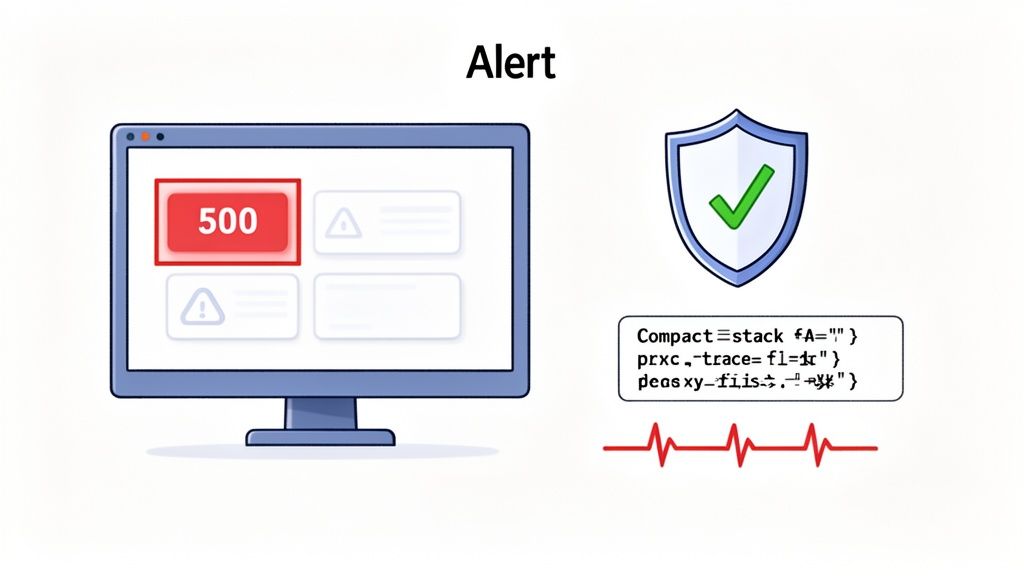 An alert system showing a computer with a 500 error, a security shield, code, and a heartbeat graph.