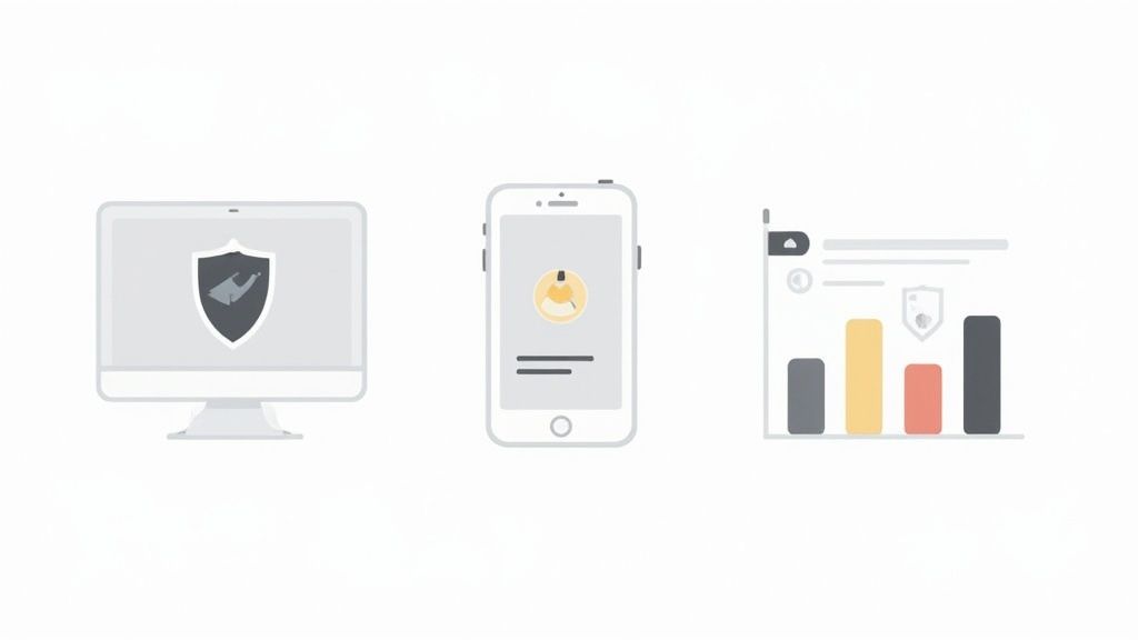 Three icons showing computer with shield, mobile phone with user avatar, and analytics dashboard with security features
