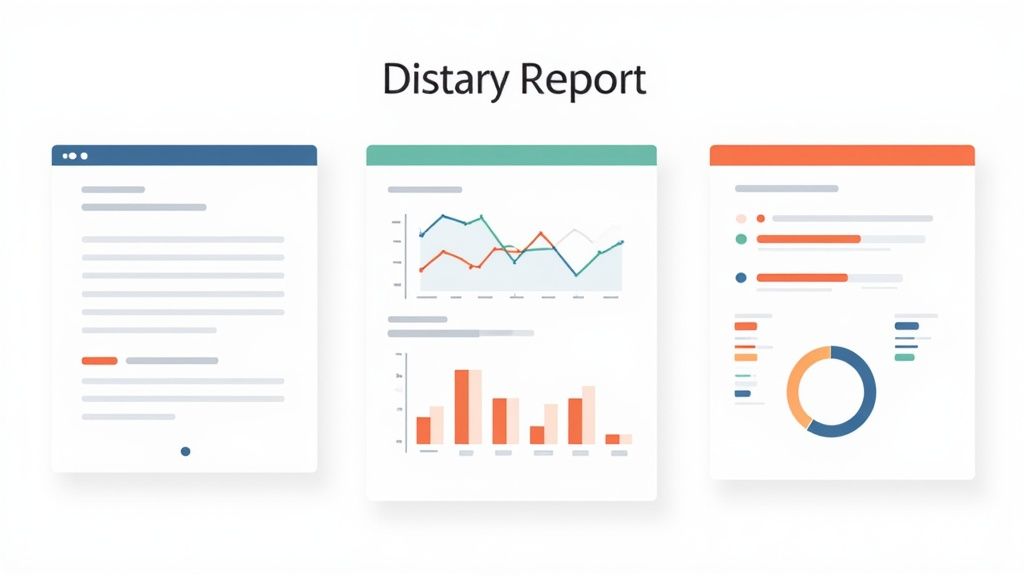 Three digital reports showing text, line graphs, bar charts, and a donut chart for data analysis.