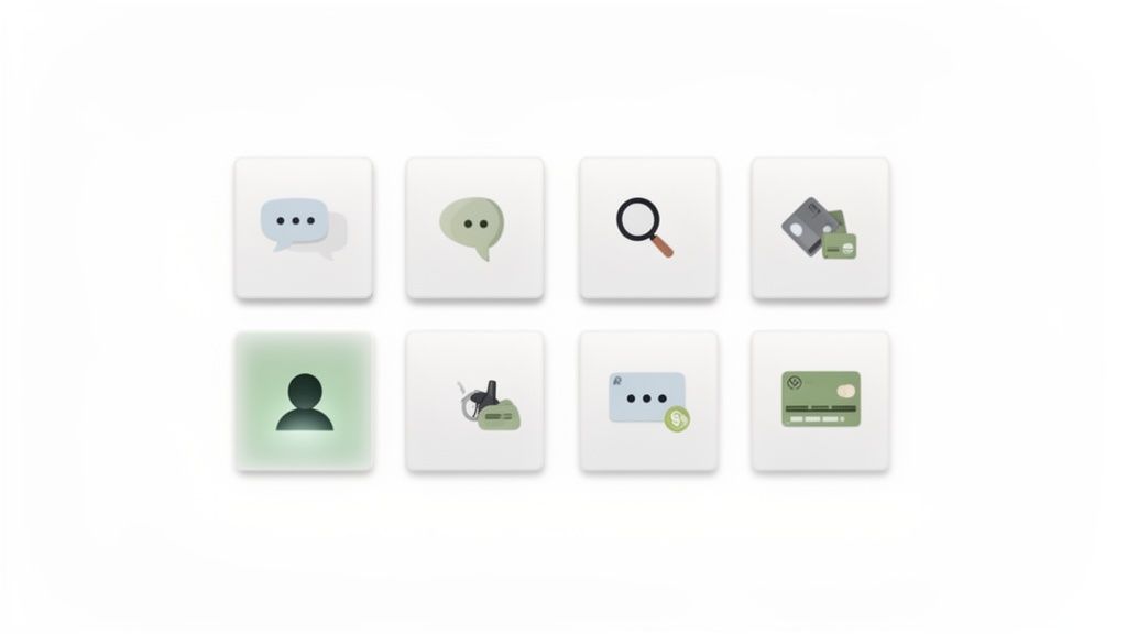 A grid of eight user interface icons representing various digital features, with a highlighted user profile icon.