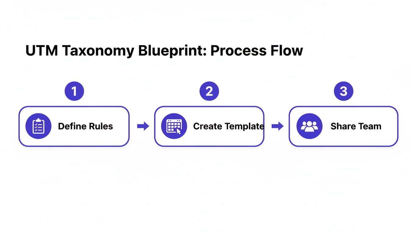 UTM Taxonomy Blueprint process flow detailing steps for defining rules, creating templates, and sharing with a team.