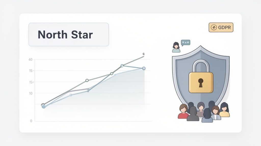 A North Star metric line graph showing growth, alongside a shield, padlock, and GDPR protecting user data.