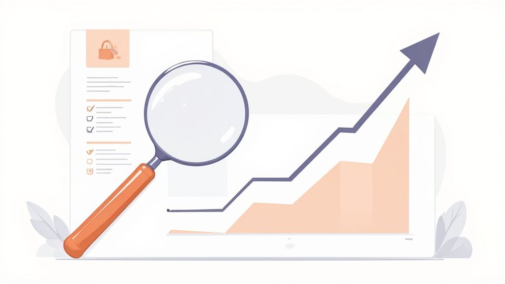 Magnifying glass over a checklist document and a rising graph, representing data analysis and performance reporting.