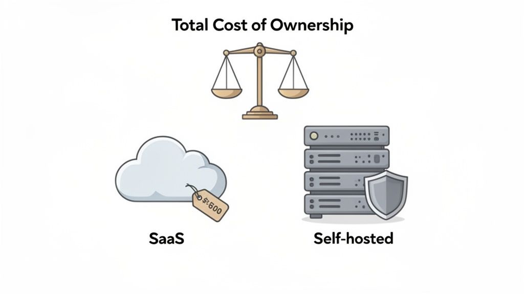 Comparison of Total Cost of Ownership for SaaS (cloud with price tag) versus self-hosted server solutions.