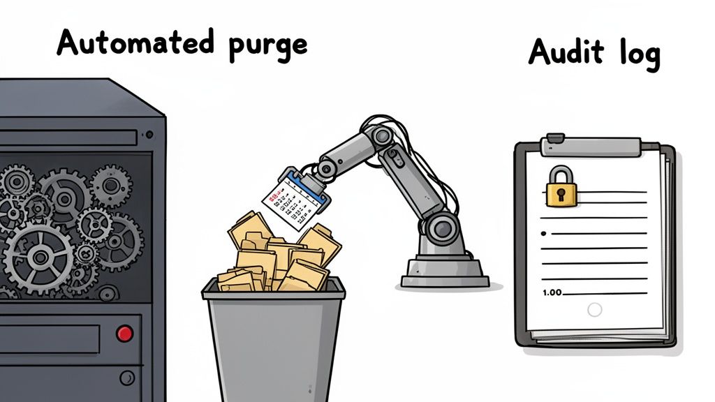 Illustration of automated data purging with a robot arm discarding files, alongside a locked audit log document.