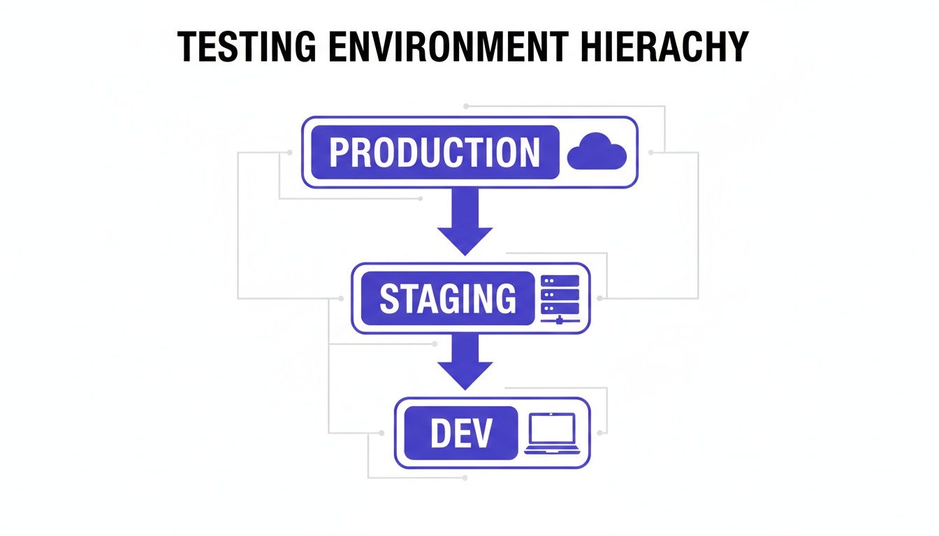 A diagram illustrating the testing environment hierarchy: Production, Staging, and Dev environments with icons.