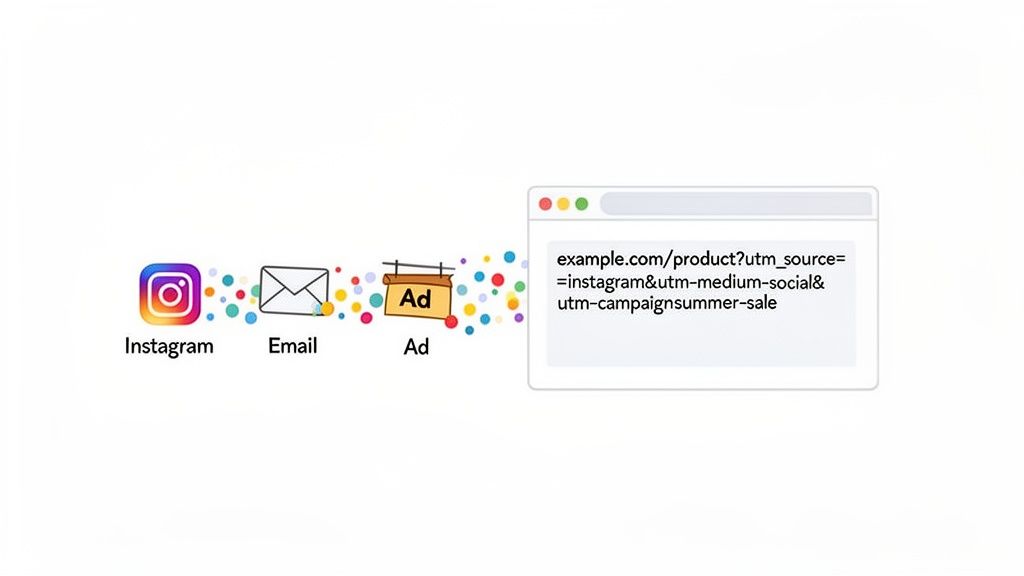 Illustration of UTM codes tracking website traffic from Instagram, email, and ads to a product page.