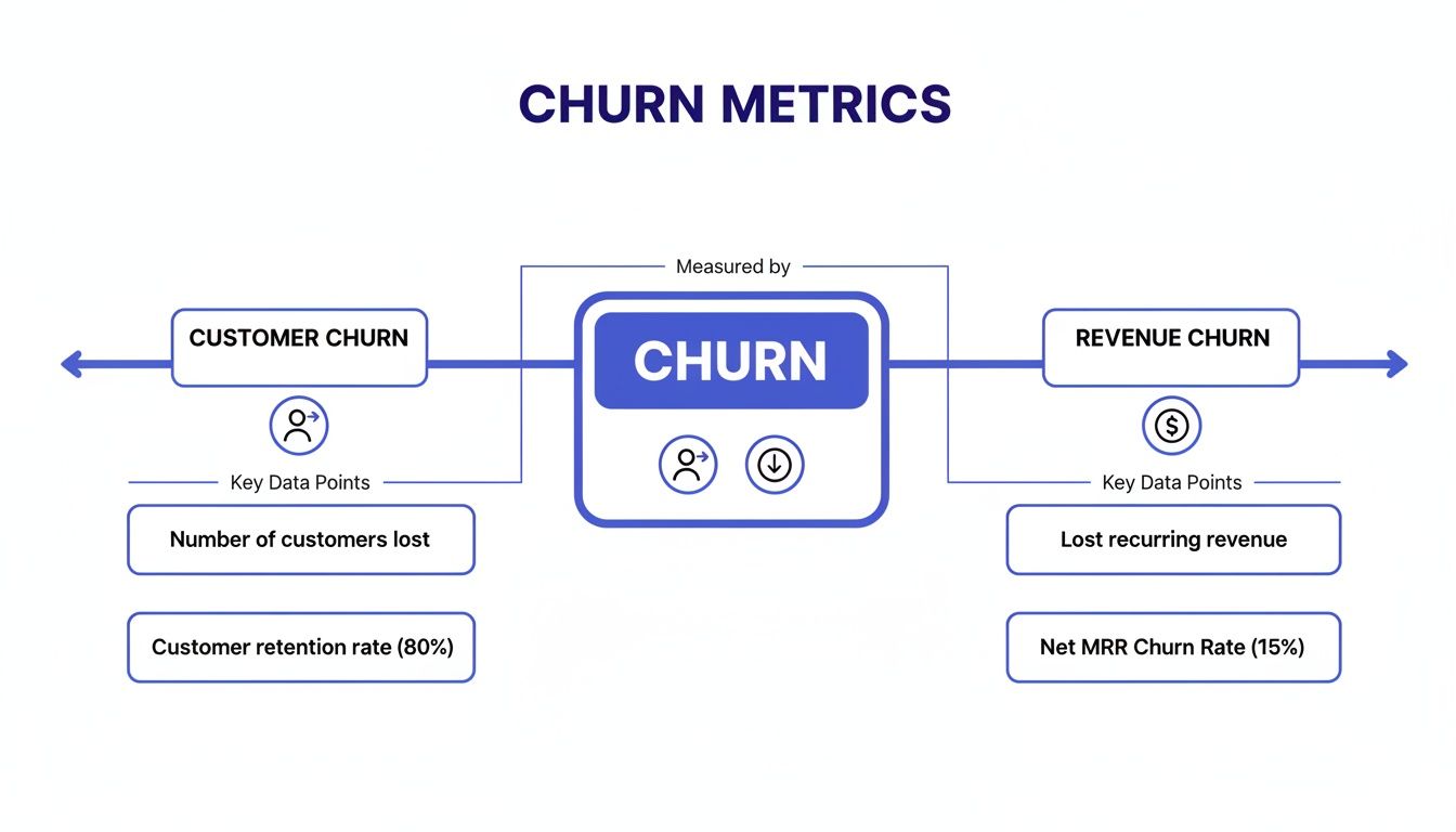 Diagram illustrating churn metrics, differentiating between customer and revenue churn with key data points.