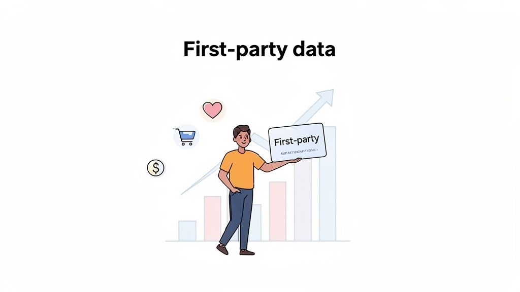 Illustration of a man holding a 'First-party' sign with a data growth chart and customer interaction icons.